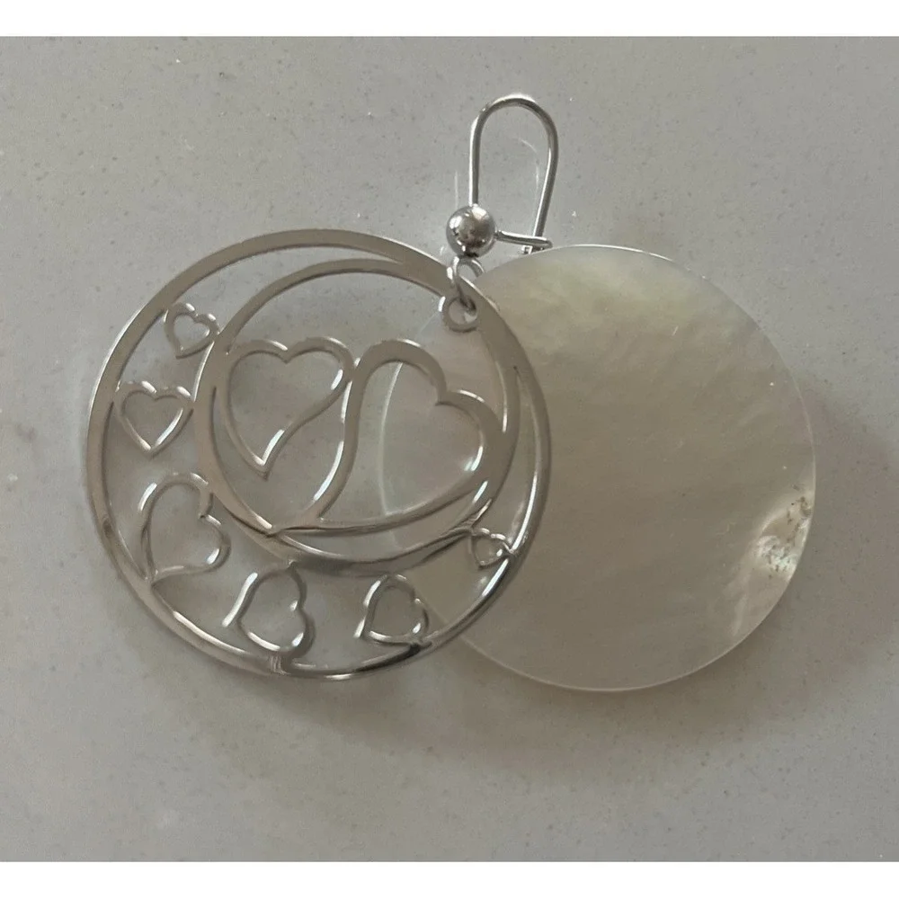 14K White Gold Italian Heart Filigree Drop Earrings w/ Mother of Pearl Disc - Picture 3 of 6
